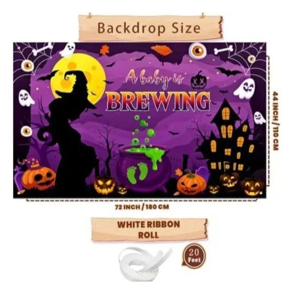 Halloween Baby Shower Decor Set Baby Is Brewing XL Banner & Rectangle Tablecloth